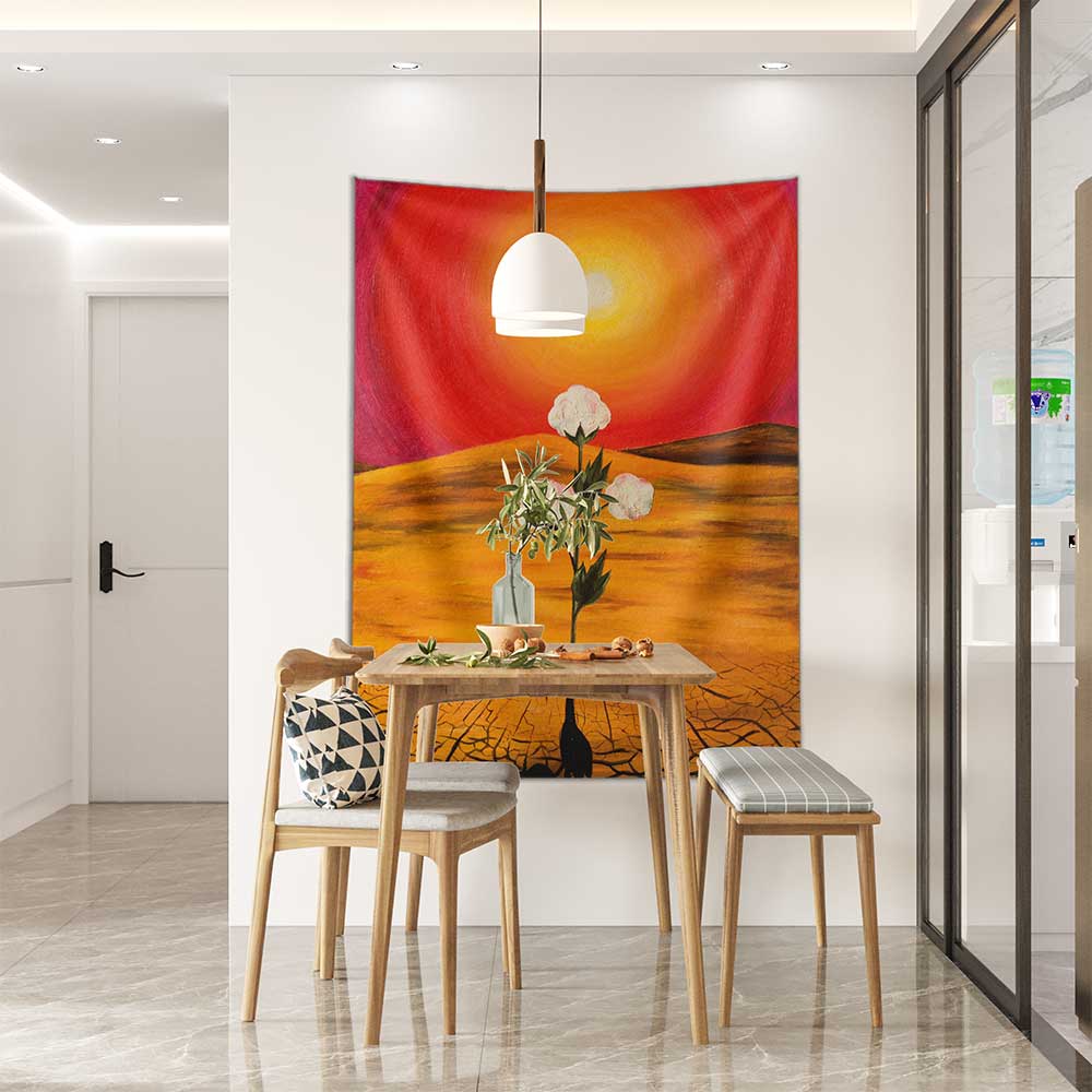 Kızıl Gün Batımında Beyaz Çiçek Desenli Sanatsal Botanik Duvar Örtüsü Kumaş Baskı 4296