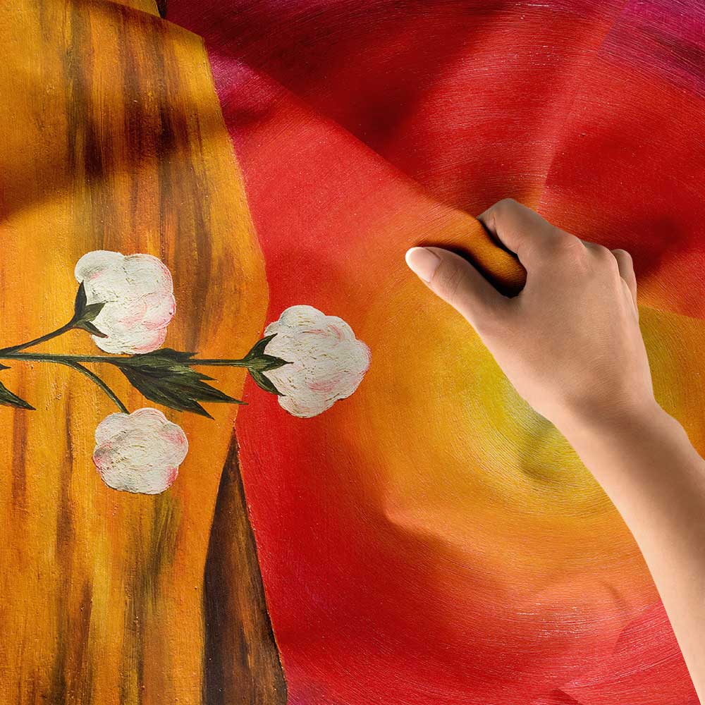 Kızıl Gün Batımında Beyaz Çiçek Desenli Sanatsal Botanik Duvar Örtüsü Kumaş Baskı 4296