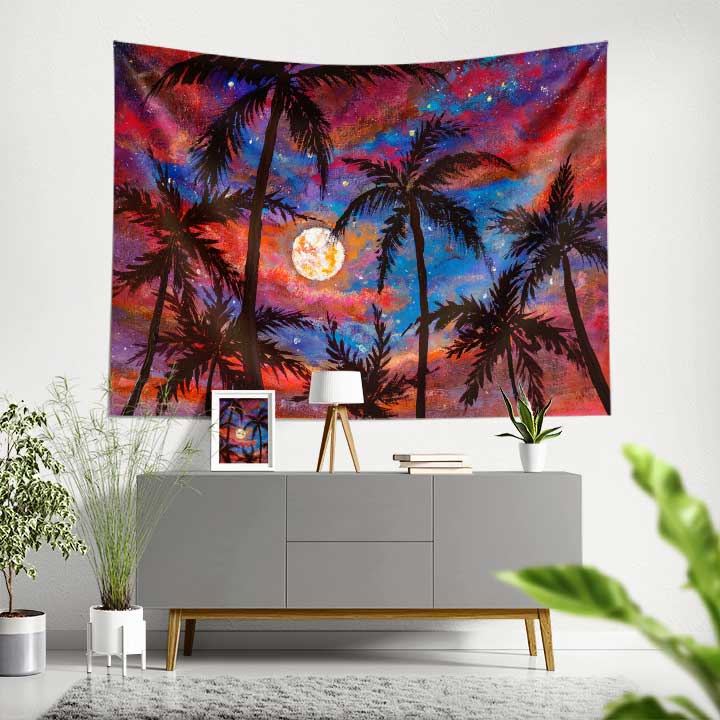 Ay Işığında Palmiyeler Tropikal Manzara Duvar Örtüsü 4422