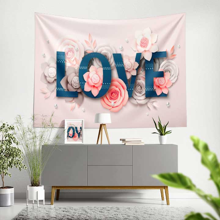 Çiçekli Love Yazılı Duvar Örtüsü 4525