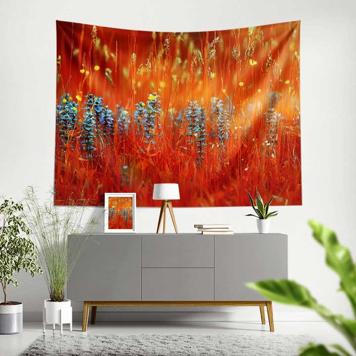 Turuncu Kır Çiçekleri ve Mavi Lavanta Tarlası Duvar Örtüsü 4748