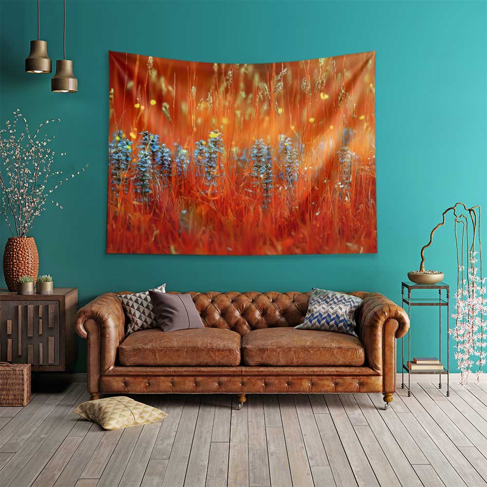 Turuncu Kır Çiçekleri ve Mavi Lavanta Tarlası Duvar Örtüsü 4748