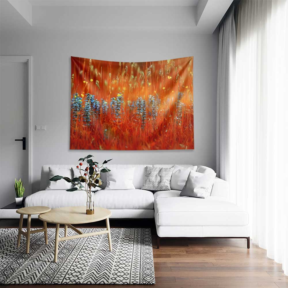 Turuncu Kır Çiçekleri ve Mavi Lavanta Tarlası Duvar Örtüsü 4748