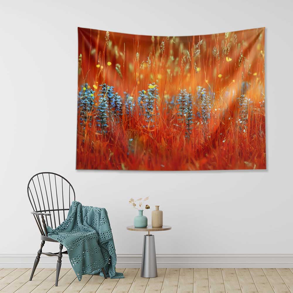 Turuncu Kır Çiçekleri ve Mavi Lavanta Tarlası Duvar Örtüsü 4748