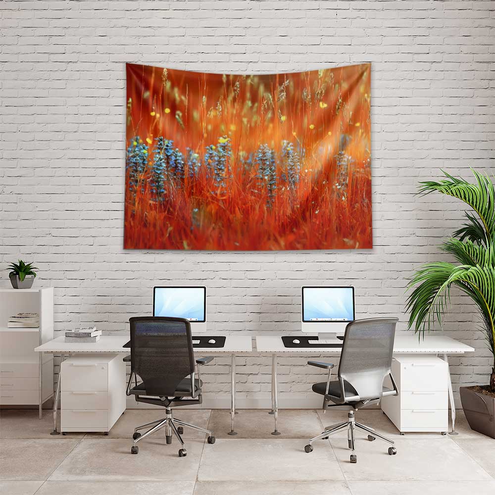 Turuncu Kır Çiçekleri ve Mavi Lavanta Tarlası Duvar Örtüsü 4748