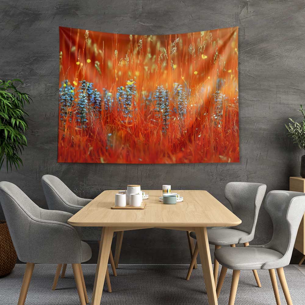 Turuncu Kır Çiçekleri ve Mavi Lavanta Tarlası Duvar Örtüsü 4748