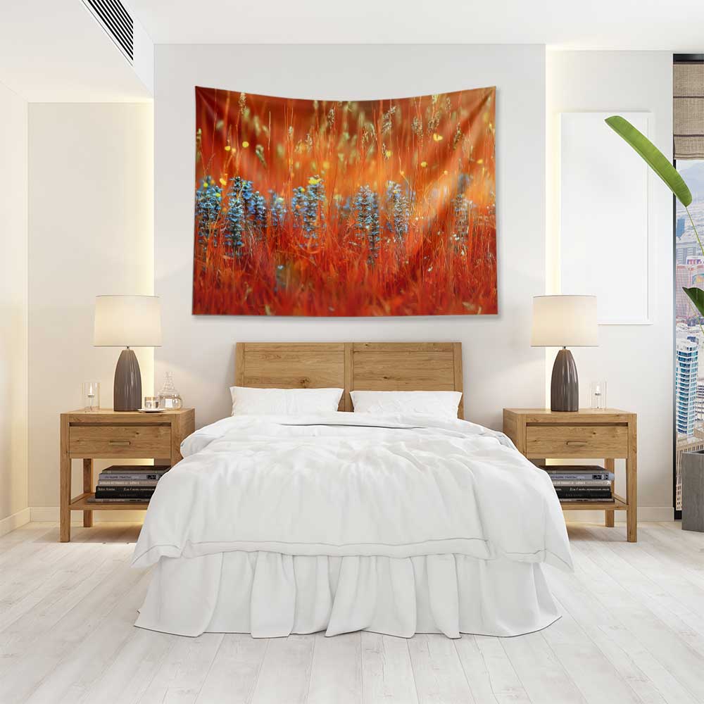 Turuncu Kır Çiçekleri ve Mavi Lavanta Tarlası Duvar Örtüsü 4748