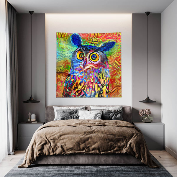 duvar-ortuleri-4965-05 Renkli Sanatsal Baykuş Portresi Duvar Örtüsü 4965