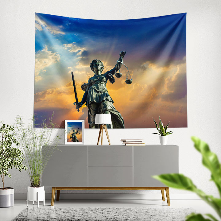 duvar-ortuleri-5296-00 Adalet Heykeli Temalı Duvar Örtüsü – Hukuk Büroları için Kumaş Baskı 5296