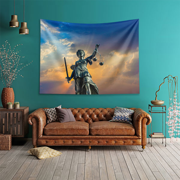 Adalet Heykeli Temalı Duvar Örtüsü – Hukuk Büroları için Kumaş Baskı 5296