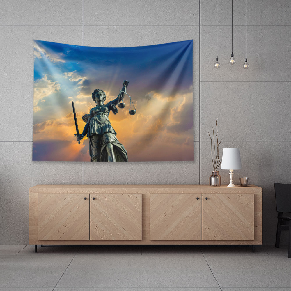 Adalet Heykeli Temalı Duvar Örtüsü – Hukuk Büroları için Kumaş Baskı 5296