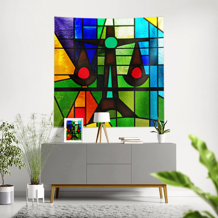 duvar-ortuleri-5303-00 Renkli Vitray Desenli Hukuk Temalı Duvar Örtüsü Kumaş Baskı 5303