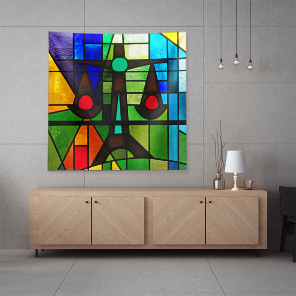 duvar-ortuleri-5303-03 Renkli Vitray Desenli Hukuk Temalı Duvar Örtüsü Kumaş Baskı 5303