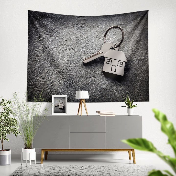 Anahtar ve Ev Figürlü Siyah Zemin Duvar Örtüsü Kumaş Baskı 5592