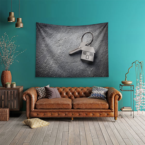 Anahtar ve Ev Figürlü Siyah Zemin Duvar Örtüsü Kumaş Baskı 5592