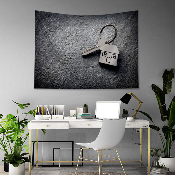 Anahtar ve Ev Figürlü Siyah Zemin Duvar Örtüsü Kumaş Baskı 5592