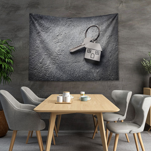 Anahtar ve Ev Figürlü Siyah Zemin Duvar Örtüsü Kumaş Baskı 5592