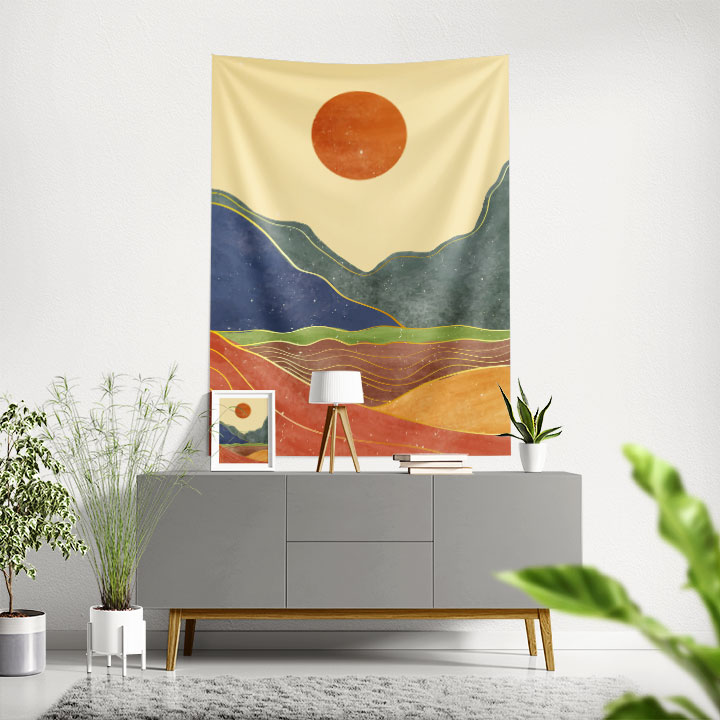 Minimal Güneşli Dağ Manzaralı Duvar Örtüsü – Modern Soyut Peyzaj Dekoru 6279