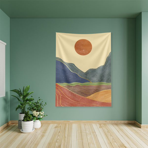 Minimal Güneşli Dağ Manzaralı Duvar Örtüsü – Modern Soyut Peyzaj Dekoru 6279