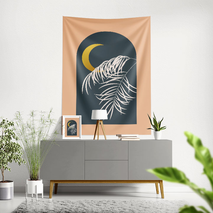 Minimal Hilal ve Tropikal Yaprak Tasarımlı Duvar Örtüsü 6283