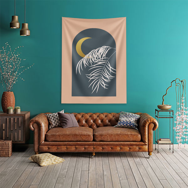 Minimal Hilal ve Tropikal Yaprak Tasarımlı Duvar Örtüsü 6283