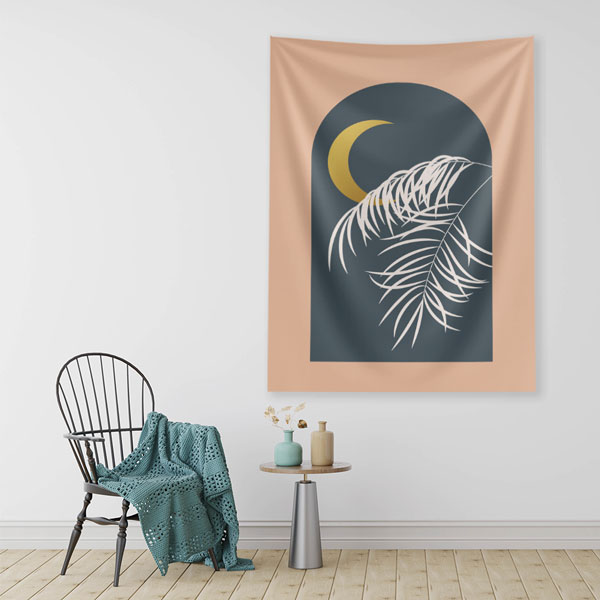 Minimal Hilal ve Tropikal Yaprak Tasarımlı Duvar Örtüsü 6283