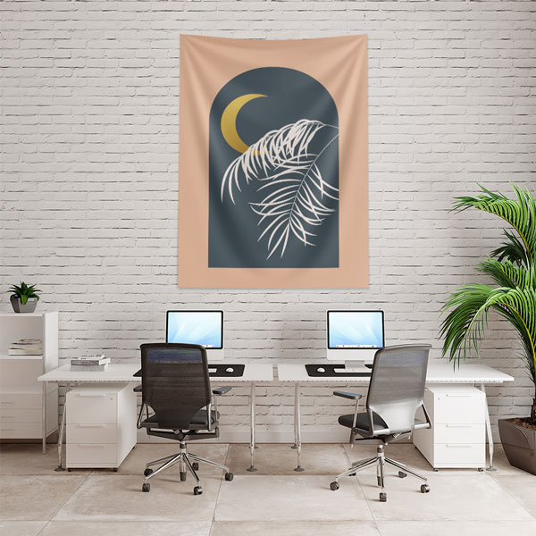 Minimal Hilal ve Tropikal Yaprak Tasarımlı Duvar Örtüsü 6283