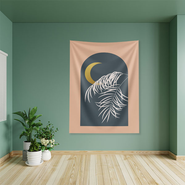 Minimal Hilal ve Tropikal Yaprak Tasarımlı Duvar Örtüsü 6283