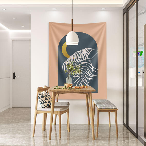 Minimal Hilal ve Tropikal Yaprak Tasarımlı Duvar Örtüsü 6283