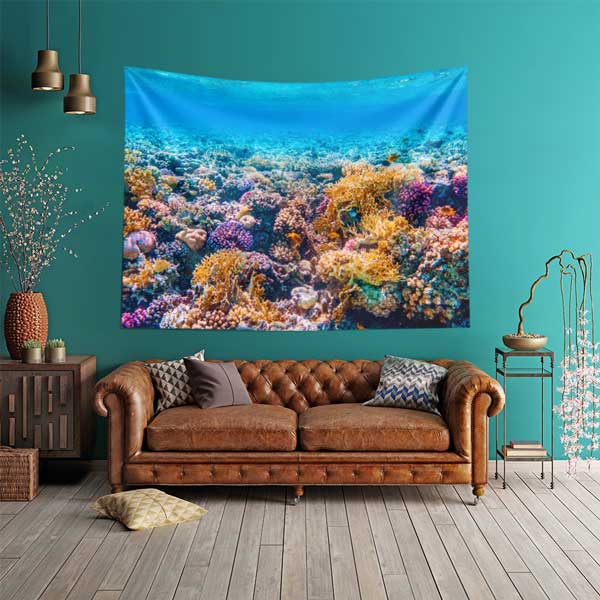 Renkli Mercan Resifi ve Turkuaz Deniz Duvar Örtüsü Kumaş Baskı 14284
