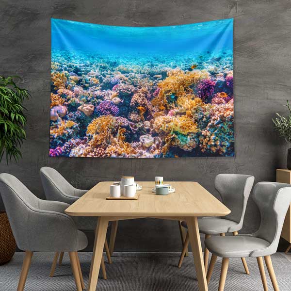 Renkli Mercan Resifi ve Turkuaz Deniz Duvar Örtüsü Kumaş Baskı 14284
