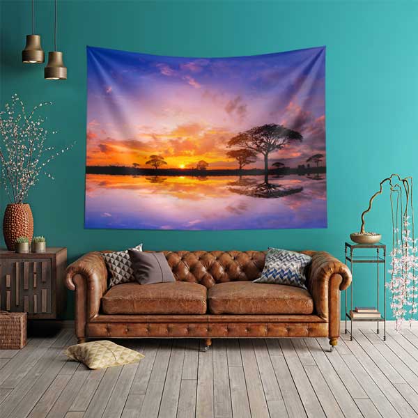 Afrika Savanası Gün Batımı ve Yansımalı Akasya Ağaçları Duvar Örtüsü Kumaş Baskı 14290