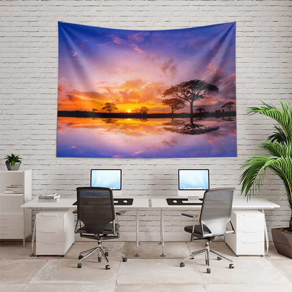 Afrika Savanası Gün Batımı ve Yansımalı Akasya Ağaçları Duvar Örtüsü Kumaş Baskı 14290