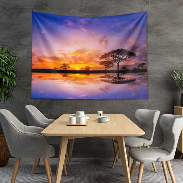 Afrika Savanası Gün Batımı ve Yansımalı Akasya Ağaçları Duvar Örtüsü Kumaş Baskı 14290