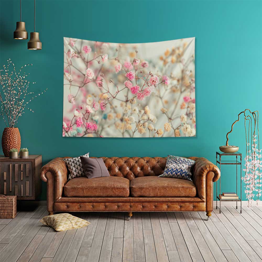 Pastel Çiçek Dalları Desenli Botanik Duvar Örtüsü Kumaş Baskı 4282