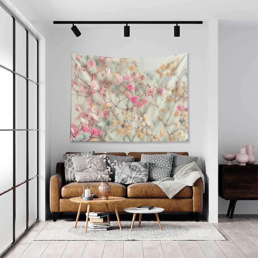 Pastel Çiçek Dalları Desenli Botanik Duvar Örtüsü Kumaş Baskı 4282