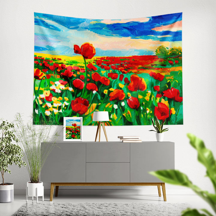 Kırmızı Gelincik Tarlası Desenli Botanik Duvar Örtüsü Kumaş Baskı 4283