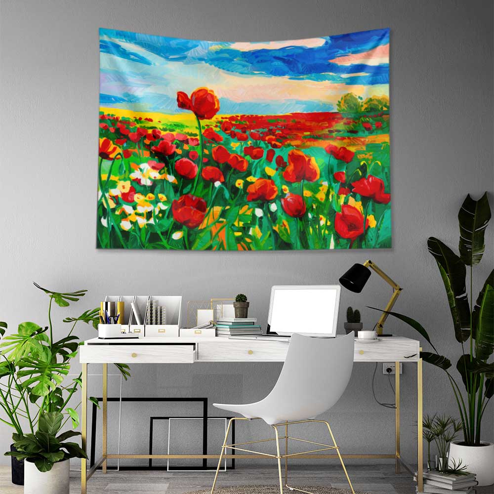 Kırmızı Gelincik Tarlası Desenli Botanik Duvar Örtüsü Kumaş Baskı 4283