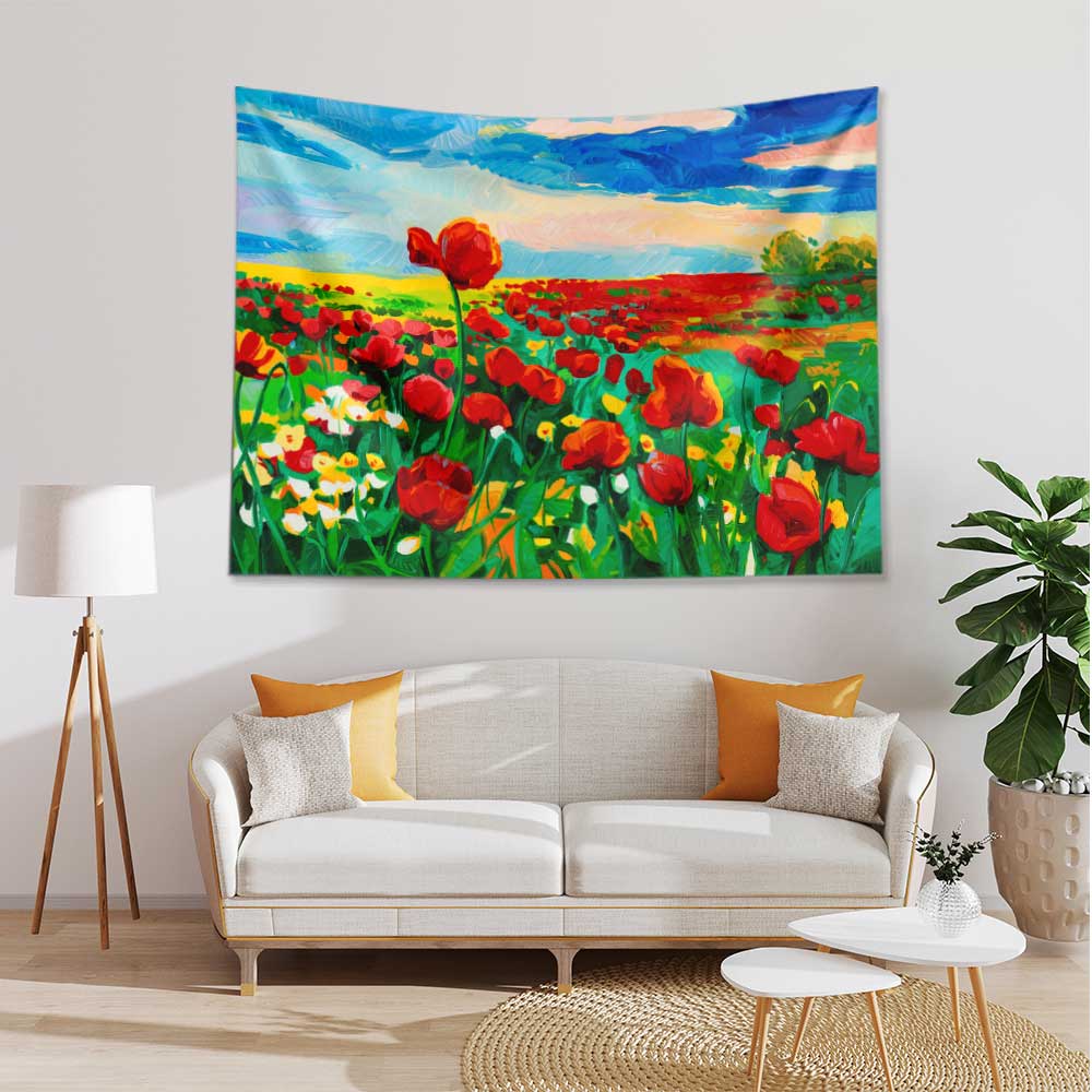 Kırmızı Gelincik Tarlası Desenli Botanik Duvar Örtüsü Kumaş Baskı 4283