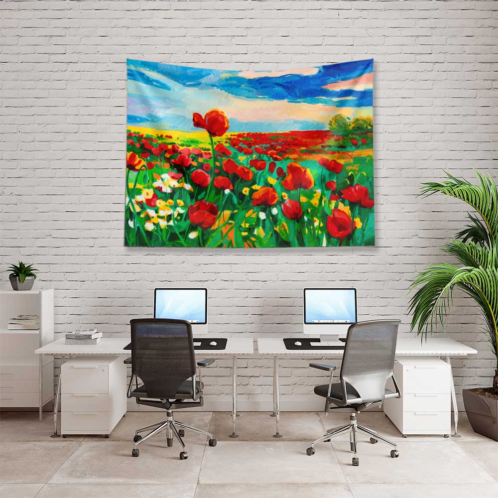 Kırmızı Gelincik Tarlası Desenli Botanik Duvar Örtüsü Kumaş Baskı 4283