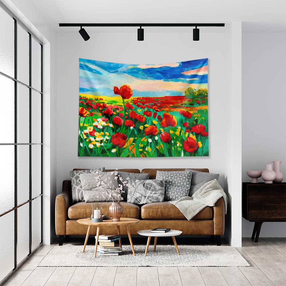 Kırmızı Gelincik Tarlası Desenli Botanik Duvar Örtüsü Kumaş Baskı 4283