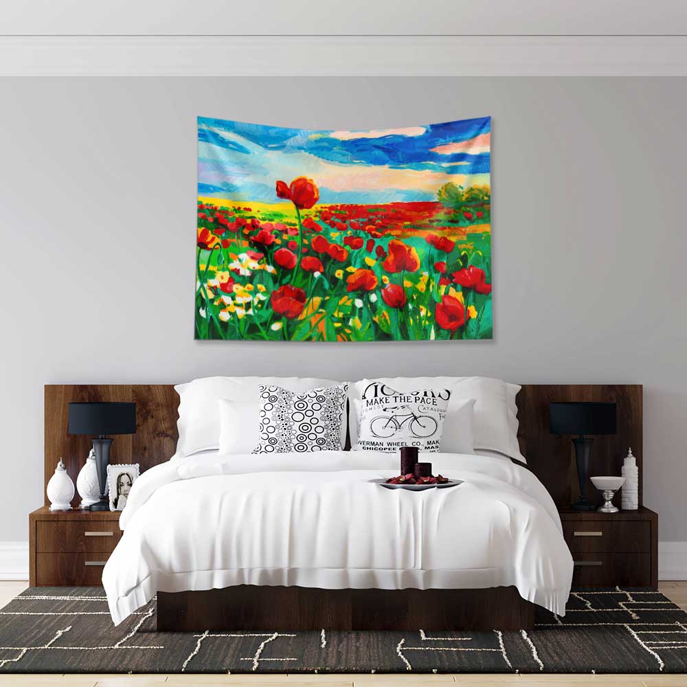 Kırmızı Gelincik Tarlası Desenli Botanik Duvar Örtüsü Kumaş Baskı 4283