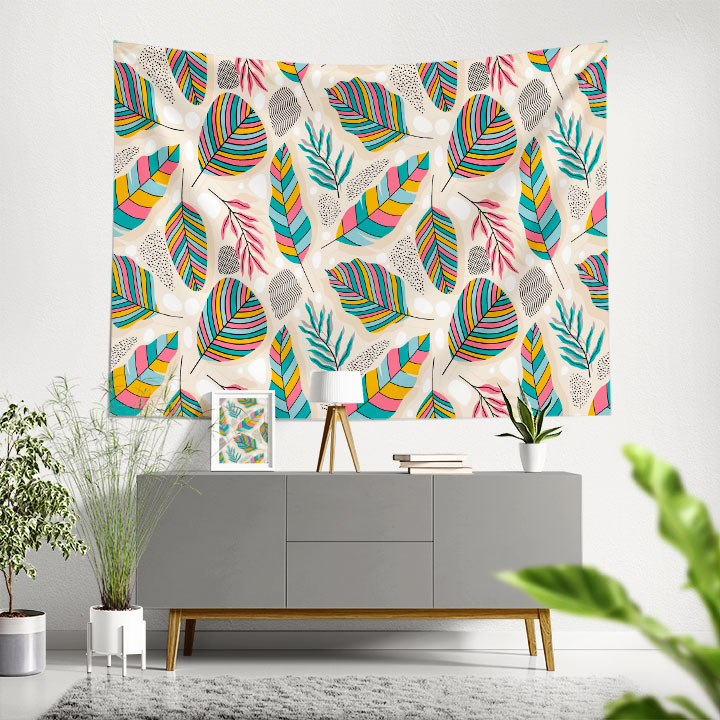Renkli Yaprak Desenli Modern Botanik Duvar Örtüsü Kumaş Baskı 4290