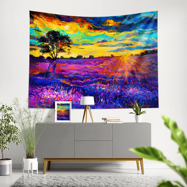 Soyut Gün Batımı Peyzajı Desenli Botanik Duvar Örtüsü Kumaş Baskı 4292