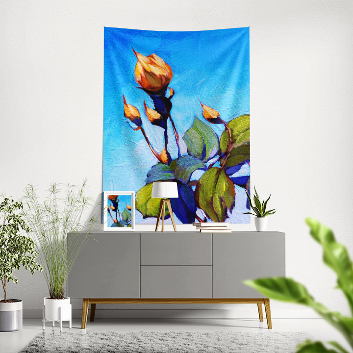 Mavi Zeminde Tomurcuk Çiçek Desenli Sanatsal Botanik Duvar Örtüsü Kumaş Baskı 4295