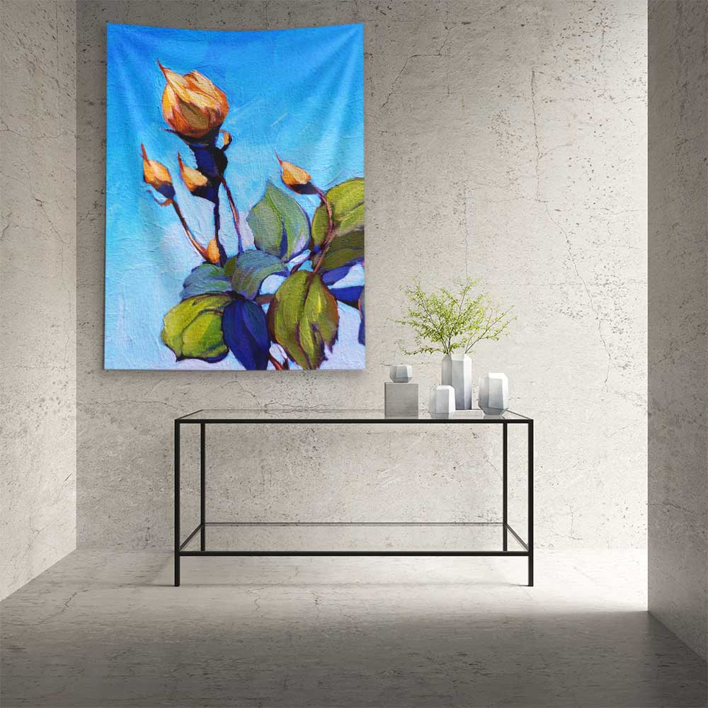 Mavi Zeminde Tomurcuk Çiçek Desenli Sanatsal Botanik Duvar Örtüsü Kumaş Baskı 4295