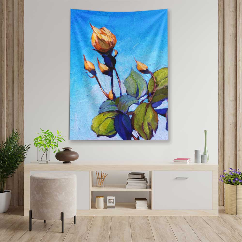 Mavi Zeminde Tomurcuk Çiçek Desenli Sanatsal Botanik Duvar Örtüsü Kumaş Baskı 4295