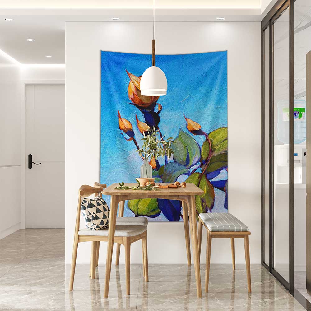 Mavi Zeminde Tomurcuk Çiçek Desenli Sanatsal Botanik Duvar Örtüsü Kumaş Baskı 4295