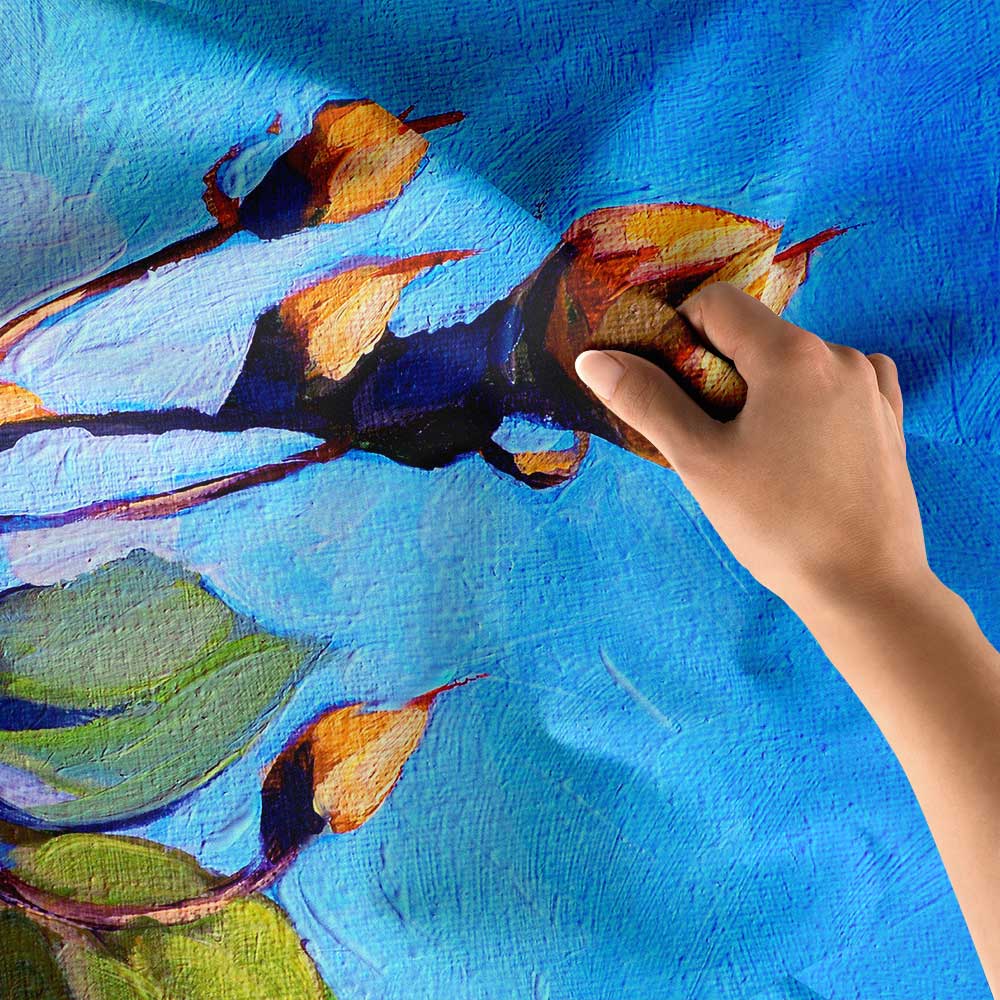 Mavi Zeminde Tomurcuk Çiçek Desenli Sanatsal Botanik Duvar Örtüsü Kumaş Baskı 4295