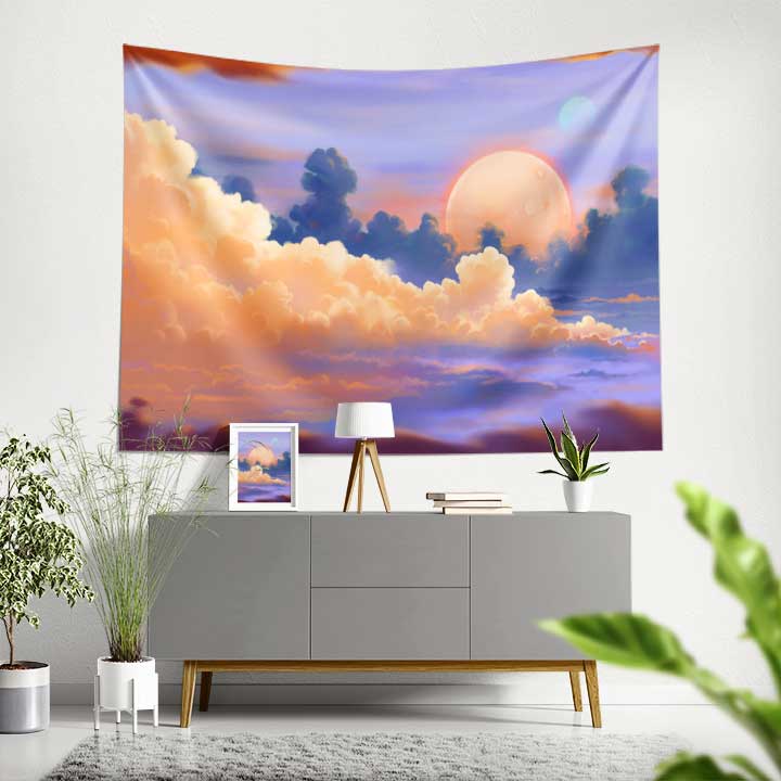 Romantik Bulutlar ve Ay Manzarası Duvar Örtüsü 4354